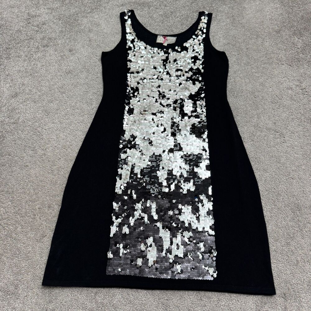 Yoana Baraschi Silver Sequin Panel Knit Sleeveless Shift Dress Womens M Black